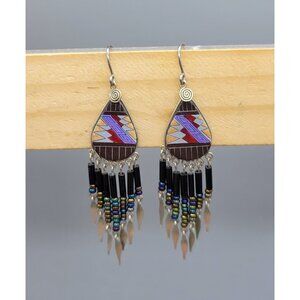 Silver Tone Southwestern Style Purple Dangle Drop Hook Earrings E1